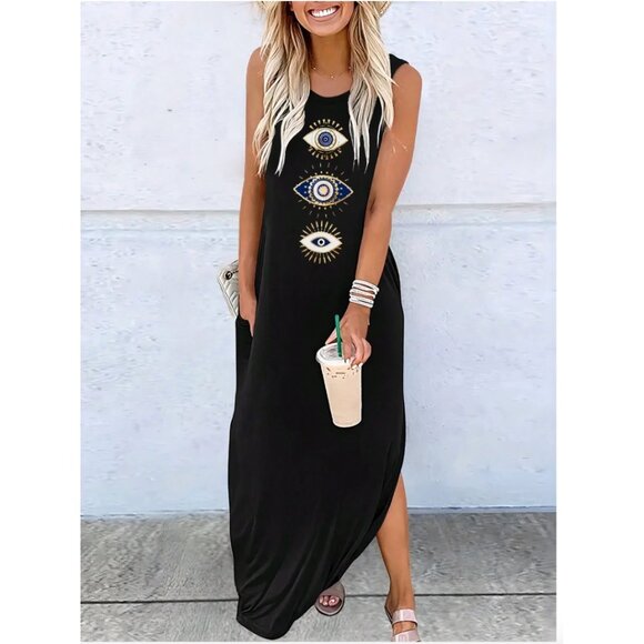 Eye Print Tee Maxi Dress With Pocket Black - Picture 1 of 5